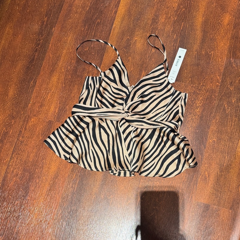 Aqua Zebra-Print V-Neck Peplum Cami - Black and Tan